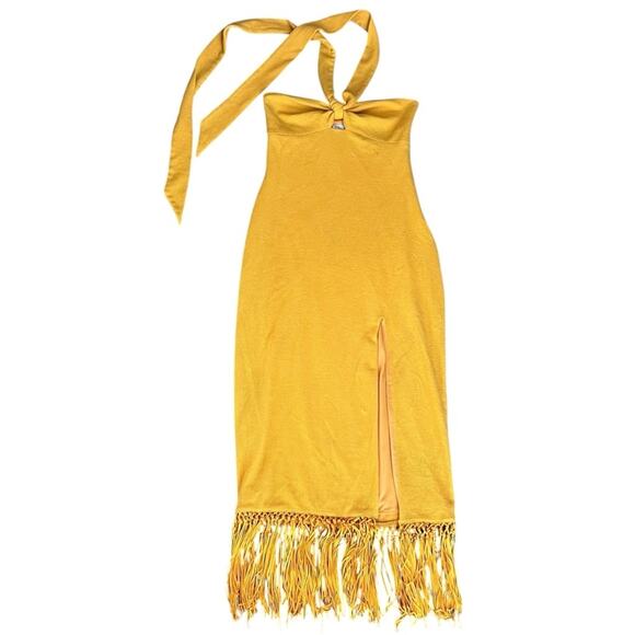 Saylor Women’s Jynx Fringe Halter Neck Mango Yellow Knit Midi Dress Sz S - Picture 12 of 13